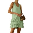 thumbnail image 7 of Women's Summer Dresses V Neck Sleeveless Linen Mini Dress with Tiered Ruffle Hem Going Out Party Outwear Dress Green XL, 7 of 7