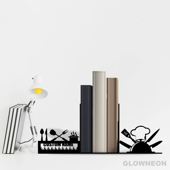 Glowneon Custom Cooking Utensil Metal Bookend Decor, Chef Book Stand