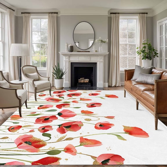 Red Poppy Area Rugs 6'x9', Washable Small Throw Rugs for Kitchen Dining room, Spring Summer Flowers Botanical Watercolor Indoor Outdoor Rug Non-Slip Low Pile Carpet Runner Reversible Floor Mats