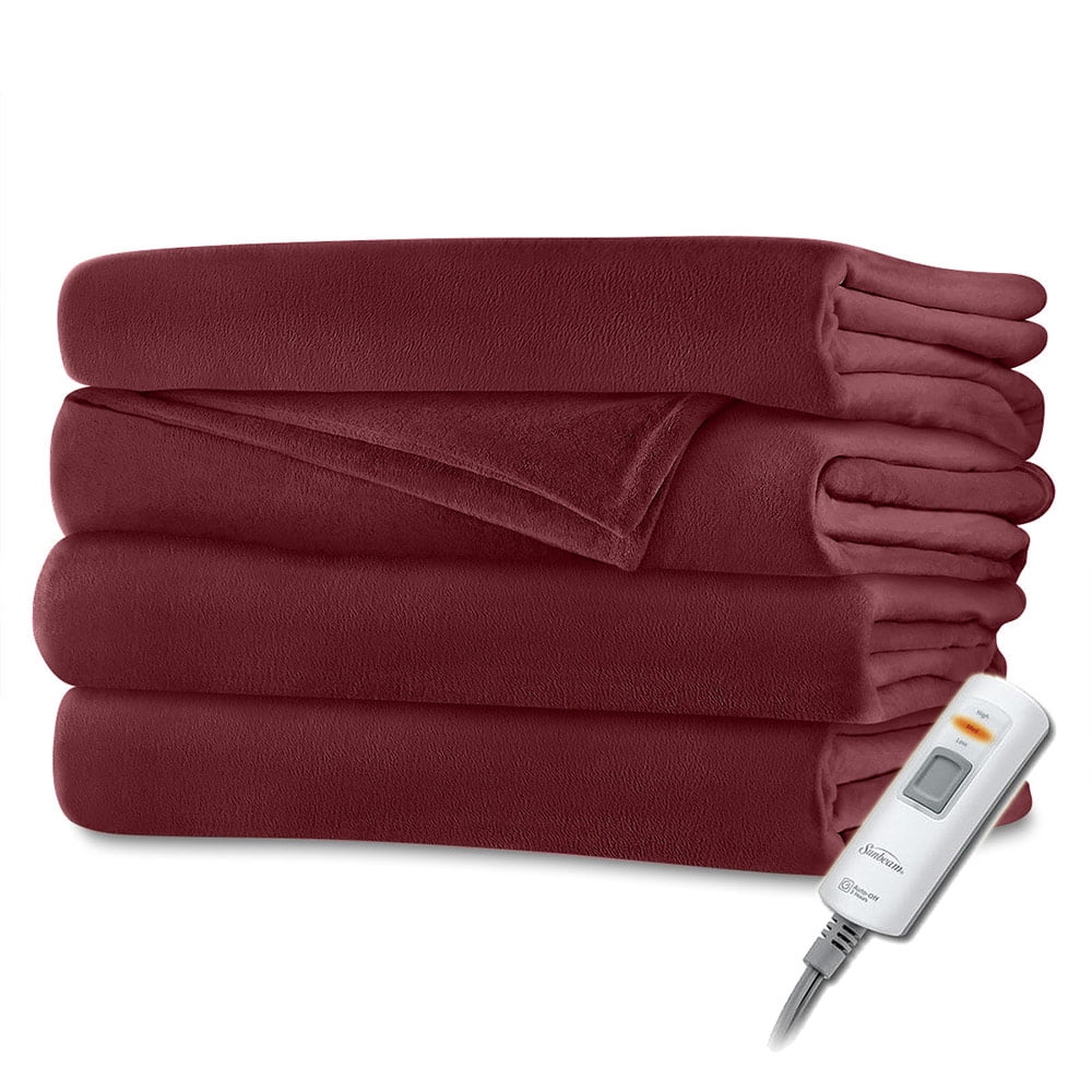 Sunbeam Velvet Plush Electric Heated Throw Blanket in Red