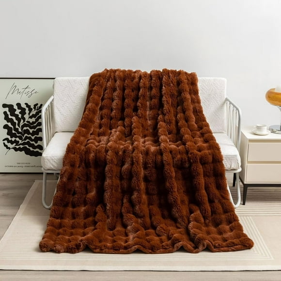 Luxury Faux Fur Throw Blanket Super Soft Oversized Thick Warm Afghan Reversible to Plush Velvet in Tan Grey Wolf, Cream Mink or Blush Chinchilla, Machine Washable (Chinchilla, 60Wx70L)