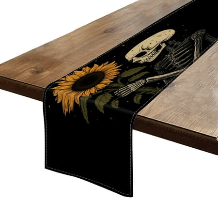 

BaHomeck Table Runner 13*72 In Set Of 1 Skeleton Holding Sunflower On Dark Backgroud High Density Cotton Linens Machine Washable Table Runner For Kitchen Dining Table Coffee Table Decor
