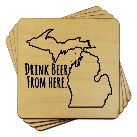 Torched Michigan From Here Coasters (Set of 4) Drink Beer Coaster 4″x4″ Brown