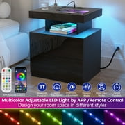 Hommpa LED Nightstand with Wireless Charging Station Modern Nightstand Type C USB Port 2 Drawers Bedside Table Black Smart Night Table High Gloss End Side Table for Bedroom Furniture 22.3 Tall