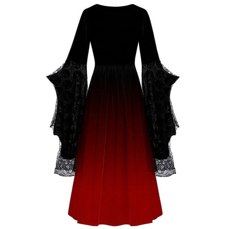 yoeyez Costumes Woman 2025 Plus Size Skull Lace Gothic Dress Flared Sleeve  Bandage Retro Swing Dress Wedding Guest Costumes Red,XL - Walmart.com