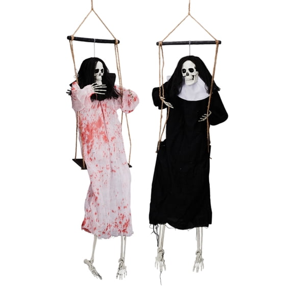 Alvantor 2-Pack 3 ft Hanging Ghost Halloween Decorations with Red LED Eyes and Horror Sound, Black and White