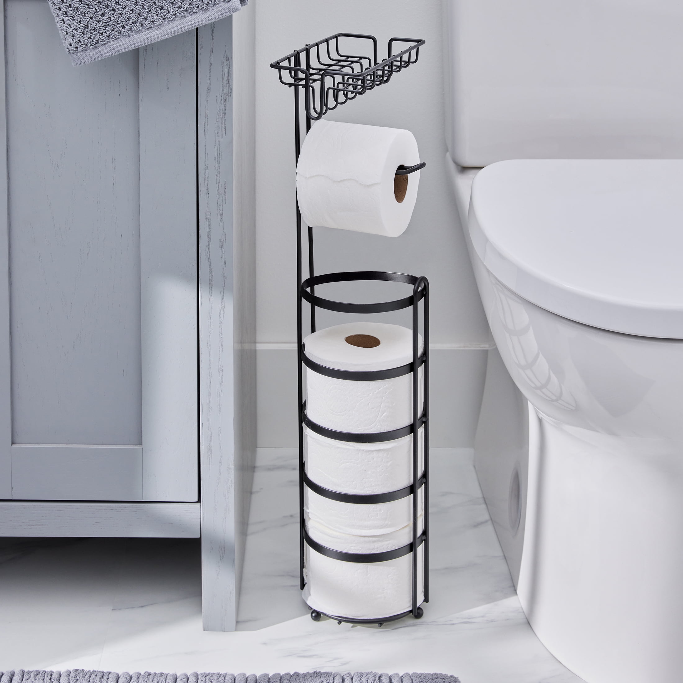Better Homes & Gardens Free Standing Toilet Paper Holder with Reserve, Matte Black, Fully Assembled