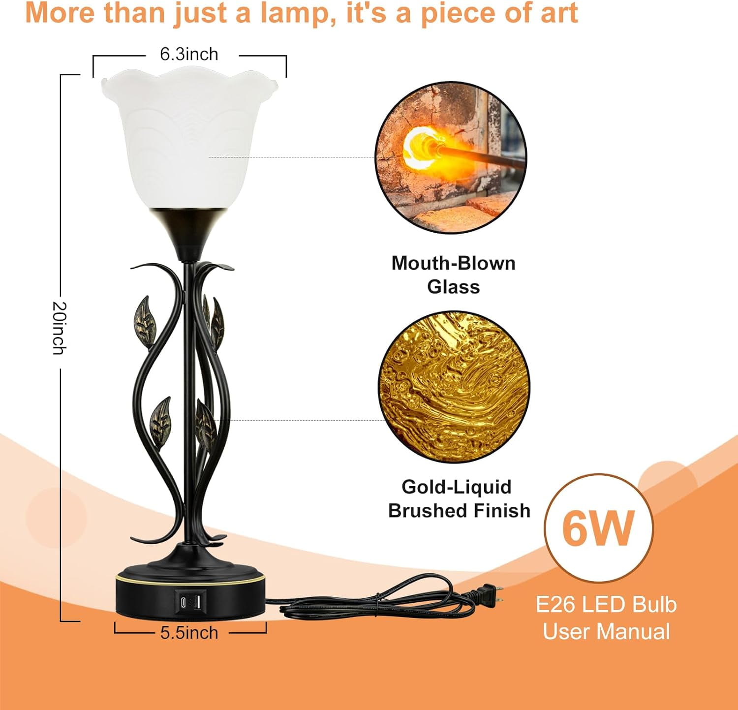 Table Lamp,Bedside Lamps Set of 2, Table Lamp with USB Port 3 Way Dimmable Touch lamp Torchiere Nightstand Lamps with Rustic Vines Leaf and Glass Flower Shade lamp for Bedroom, Living Room, Office