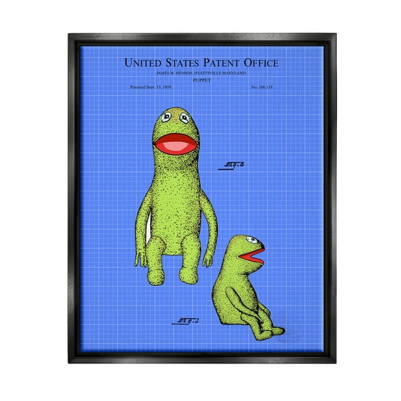 Stupell Industries Frog Puppet Character Blueprint Graphic Art Jet Black Floating Framed Canvas Print Wall Art, Design by Karl Hronek