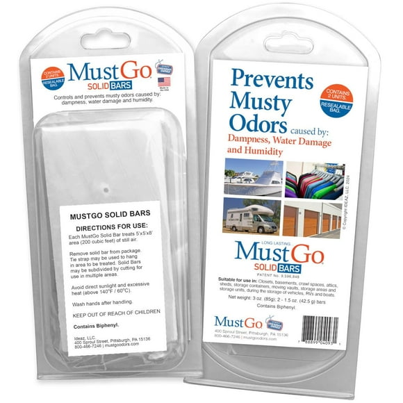MustGo Solid Bars - Controls, Removes and Prevents Musty Odors in Closets, Basements, Attics, Sheds and Storage Units - Unscented (2 Pack)