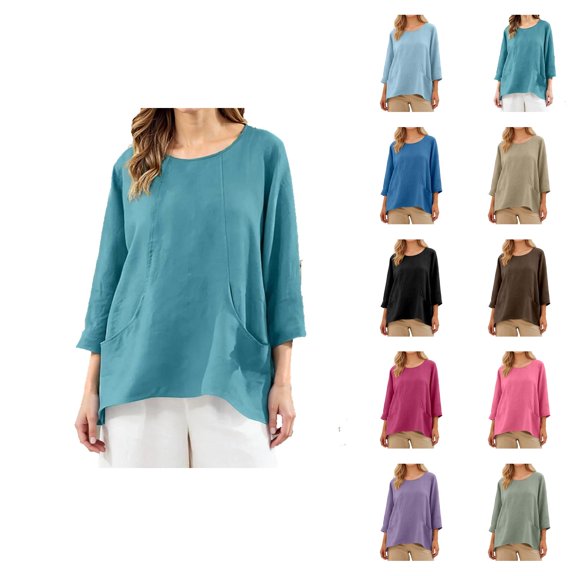 3/4 Length Sleeve Womens Tops 2026 Spring Summer Cotton Linen Casual Lightweight Crewneck Loose T Shirts