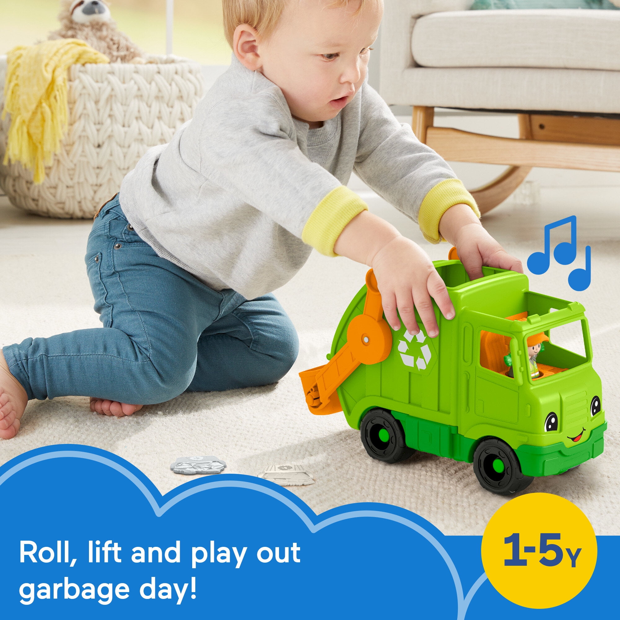 FisherPrice Little People Recycling Truck Musical Toddler Garbage Toy Set, 5 Pieces  (图2)