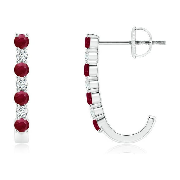 ANGARA Natural Ruby and Diamond J-Hoop Earrings in 14K White Gold for Women (Size-2mm) | July Birthstone, Birthday, Anniversary, Jewelry Gift for Women | Natural Ruby Earrings