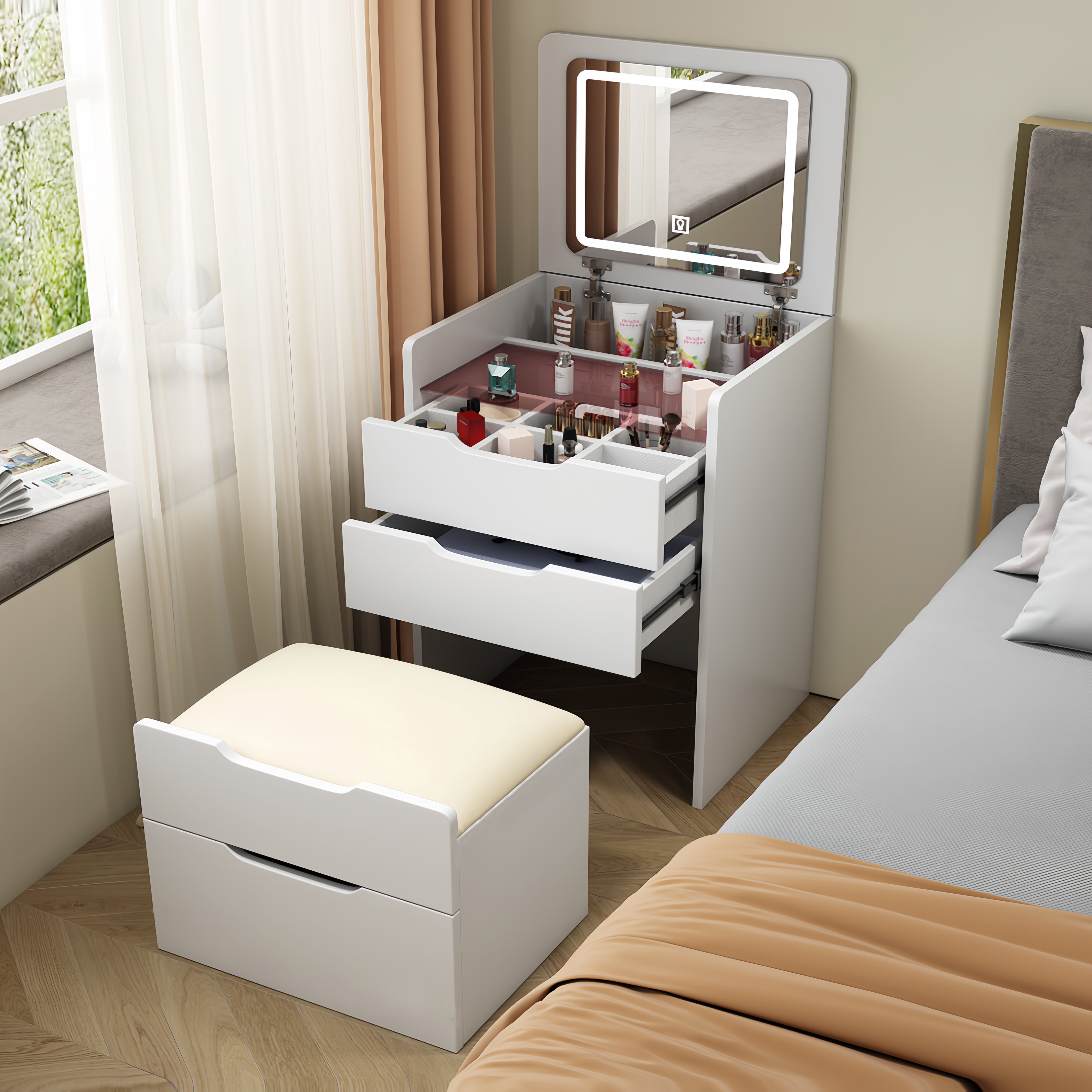 Miniyam Vanity Desk with Lighted Flip Mirror, Drawers and Storage Stool for Adults, White