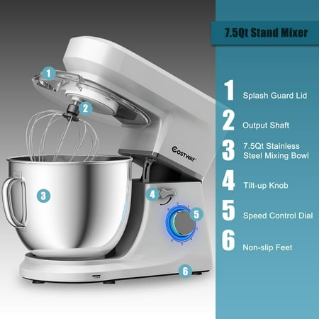 Costway - Tilt-Head Stand Mixer 7.5 Qt 6 Speed 660W with Dough Hook, Whisk & Beater - Silver