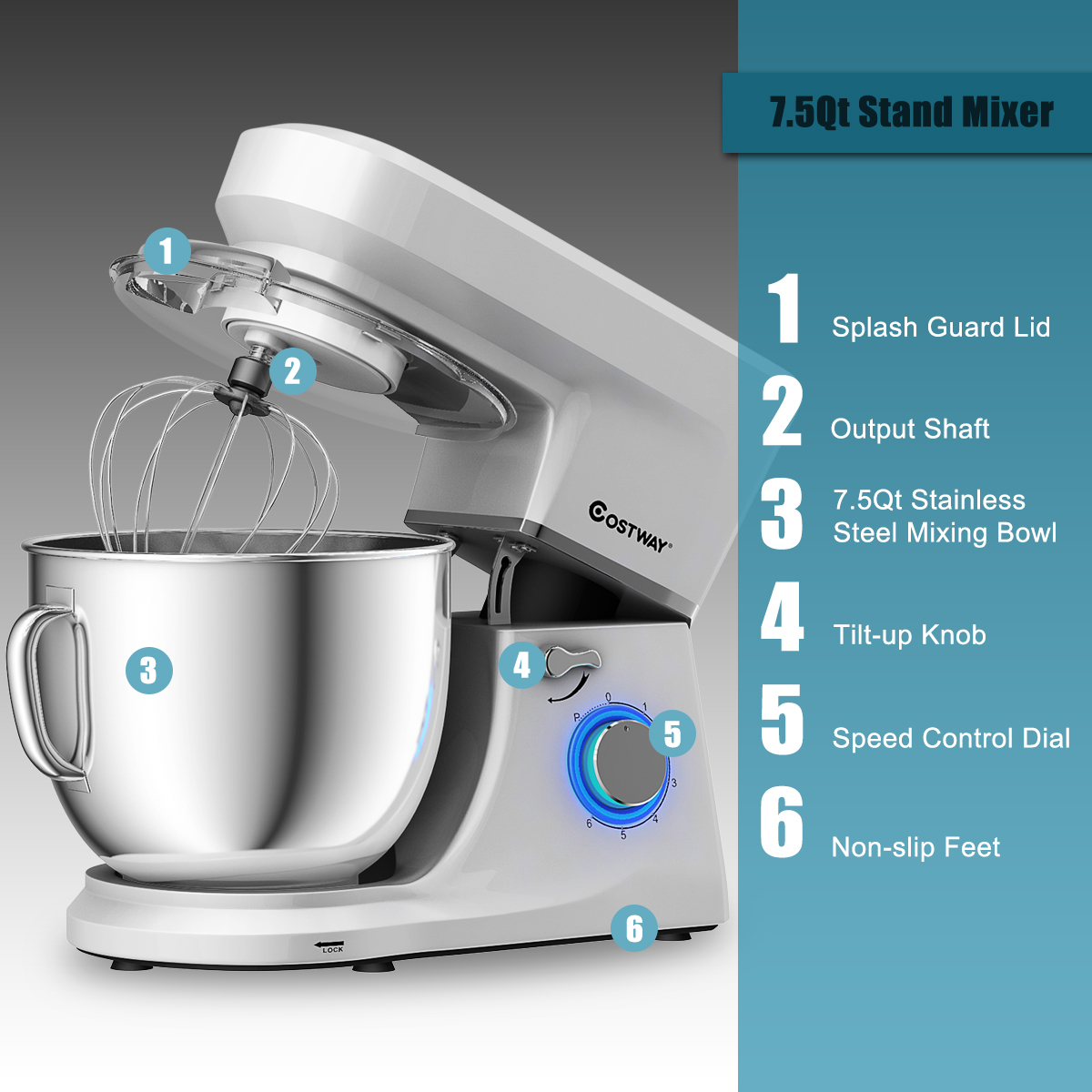 Costway Tilt-Head Stand Mixer 7.5 Qt 6 Speed 660W with Dough Hook, Whisk & Beater Silver - image 5 of 10