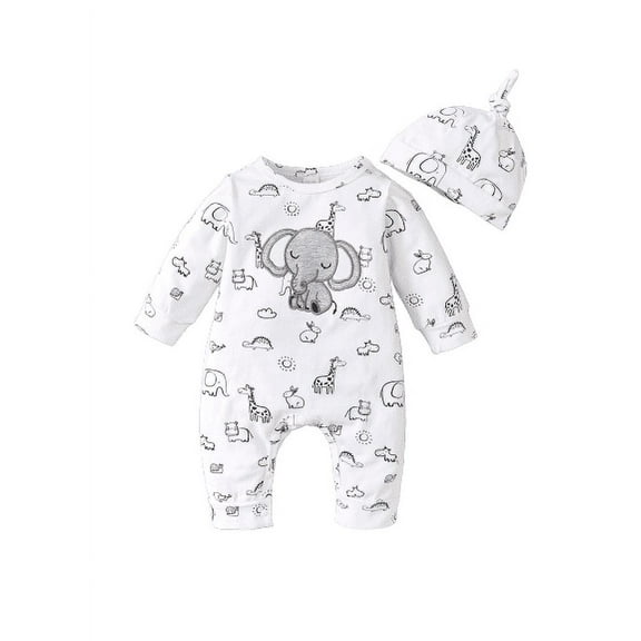 Mikrdoo Newborn Baby Girls Clothes Sleeping 1 Months Girls Elephant Print 3 Months Girls Animals Print Romper With Hat 2PCS Romper Set White