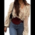 thumbnail image 3 of Blusa Informal Elegante para Mujer, de Larga, con Cuello en V y Volantes, Ideal para Oficina y Trabajo. Beige L, 3 of 10