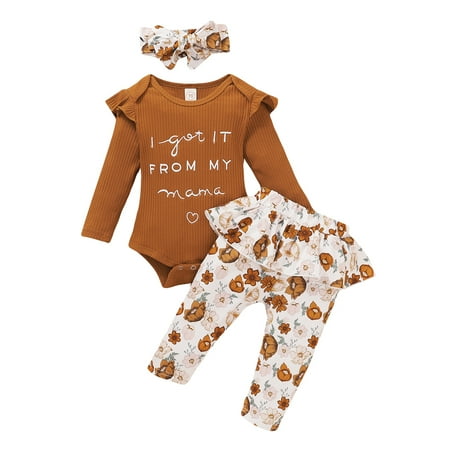 

GRNSHTS Newborn Baby Girls I got IT FROM MY mama Ribbed Ruffled Romper+Floral Long Pants+Headband 3Pcs Autumn Set Brown 6-12 Months