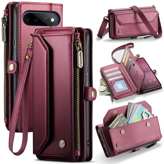 CaseMe Leather for Google Pixel 11 Pro XL Case Wallet【RFID Blocking】with 10-Card Holder Zipper Bills Slot, Soft PU Leather Magnetic Shoulder Wrist Strap for Google Pixel 11 Pro XL Wallet Case Women