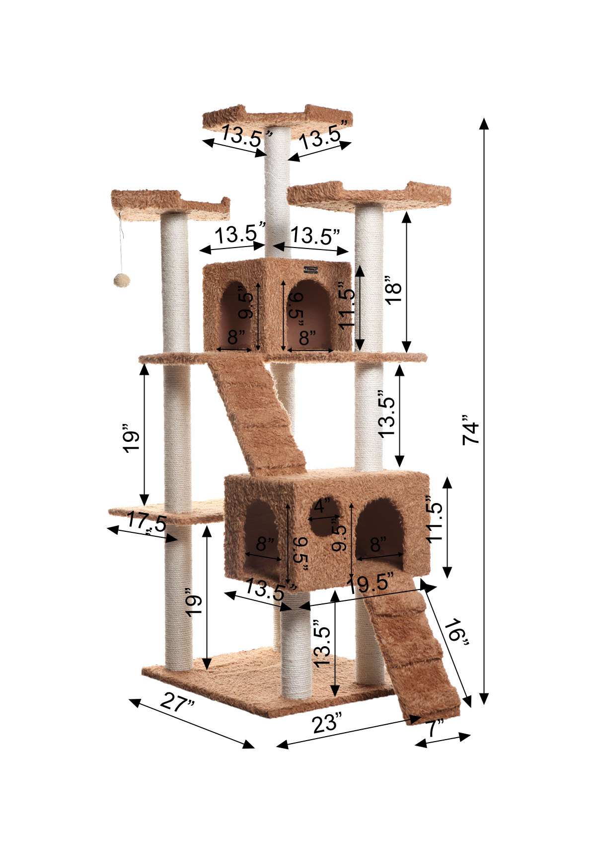 Armarkat 74-in Multi-Level Real Wood Cat Tree Large Cat Play Furniture With SratchhIng Posts, Large Playforms, A7407 Ochre Brown