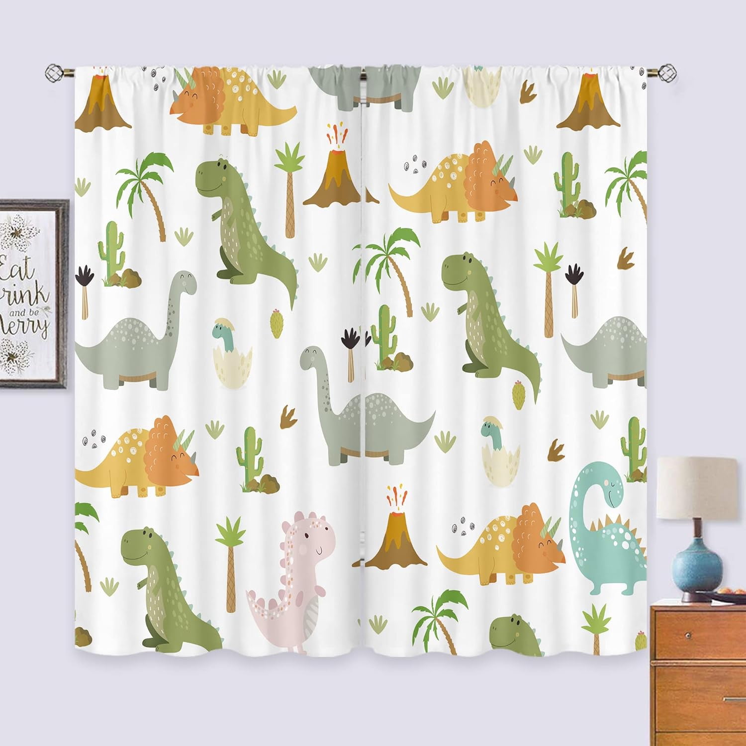 Kids Dinosaur Curtains 42W x 63H Inch Rod Pocket Colorful Cute Cartoon Dino for Baby Boys Funny Animals Toddler Room Decor Nursery Safari Wildlife Printed Bedroom Window Drapes Fabric 2 Panel