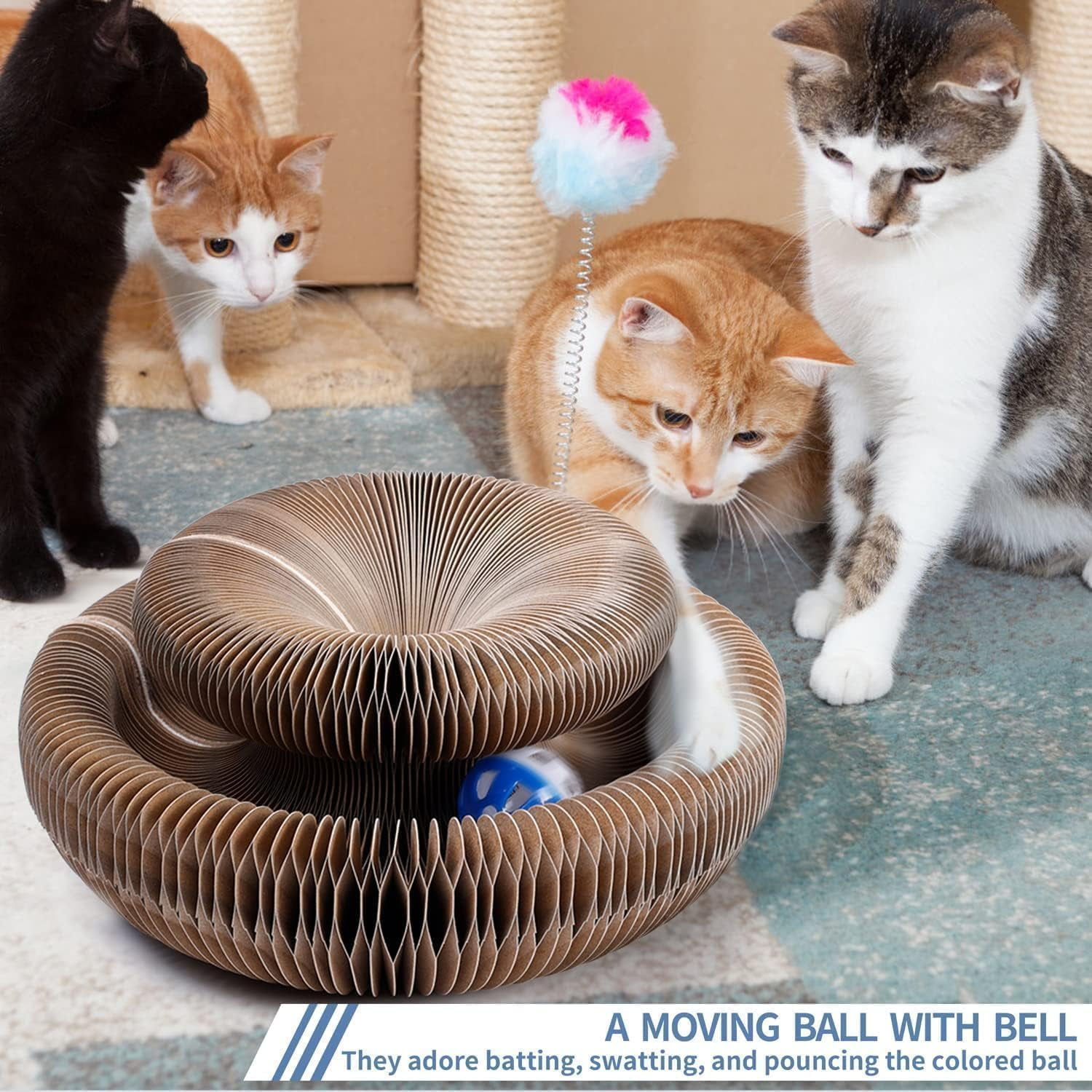 Twisty Paws Cat Toy, 3-in-1 Foldable Cat Scratcher Toy: Interactive Play & Rest Center with Bell | Protects Furniture & Curbs Scratching