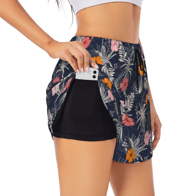 Balery Hawaiian Style Pantalones cortos deportivos para mujer con forro y dos bolsillos, elásticos, para entrenamiento, gimnasio, yoga-Large