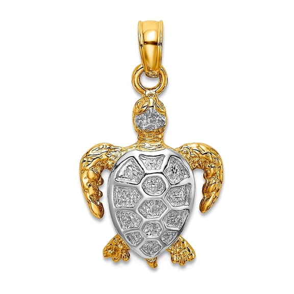 12.5mm 14k With Rhodium Sea Turtle Swimming 2-d and Two-color Charm Pendant Necklace for Women