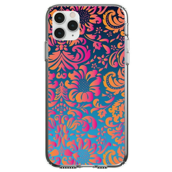 DistinctInk Clear Shockproof Hybrid Case for iPhone 12 MINI (5.4" Screen) - TPU Bumper, Acrylic Back, Tempered Glass Screen Protector - Pink Orange Blue Flower Floral