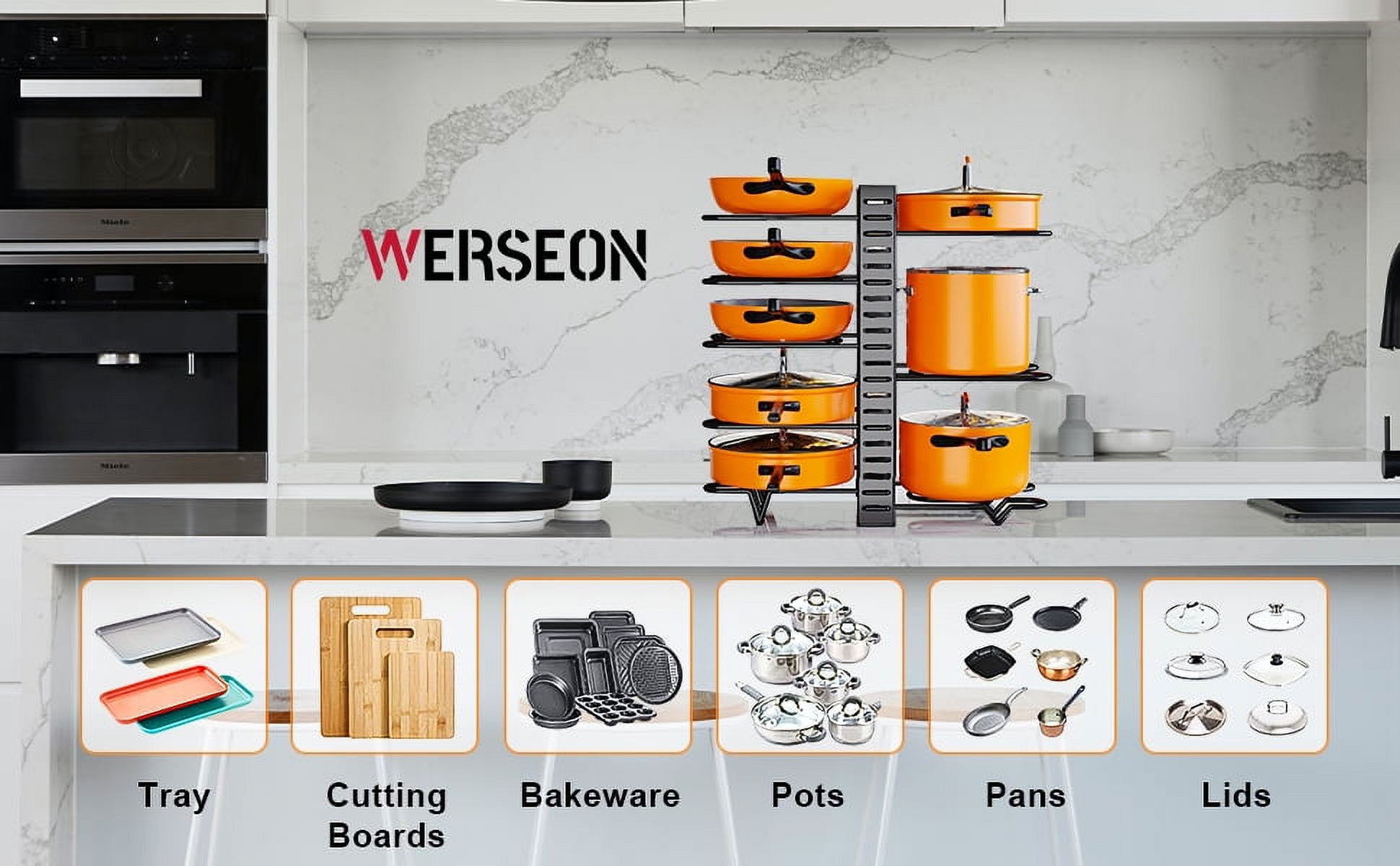 Werseon Pot Rack Organizers 8 Tiers Pots and Pans Organizer Kitchen Cabinet Storage Metal Holders, Size: 20.5×7.9×15.7, Black