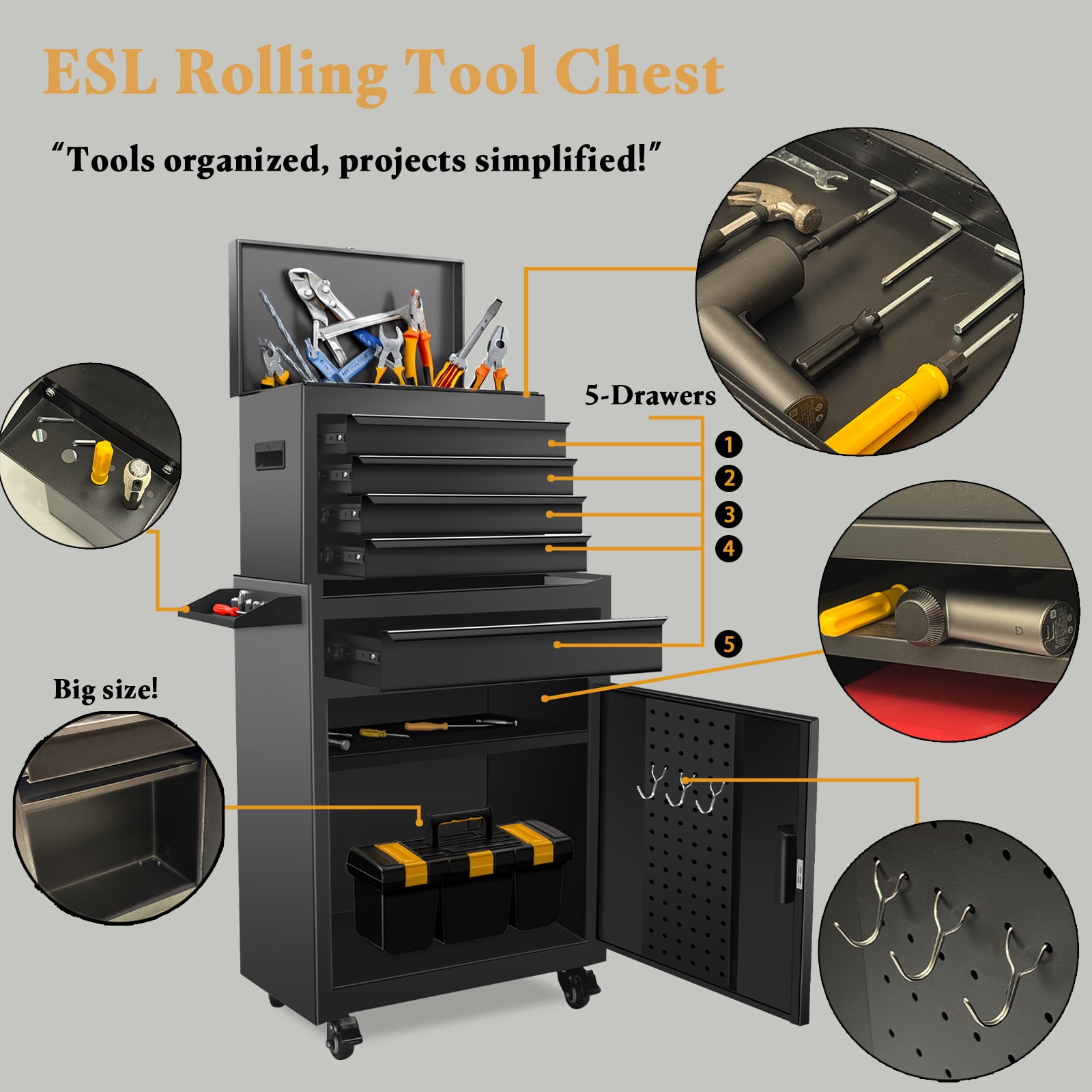 Tool Chest, 5 Drawers Rolling Tool Cabinet with Detachable Top Toolbox, Universal Lockable Wheels, Lock Bar, Protective Liner & Tool Rack, Metal Tool Storage Cart, Tool Box for Garage Workshop