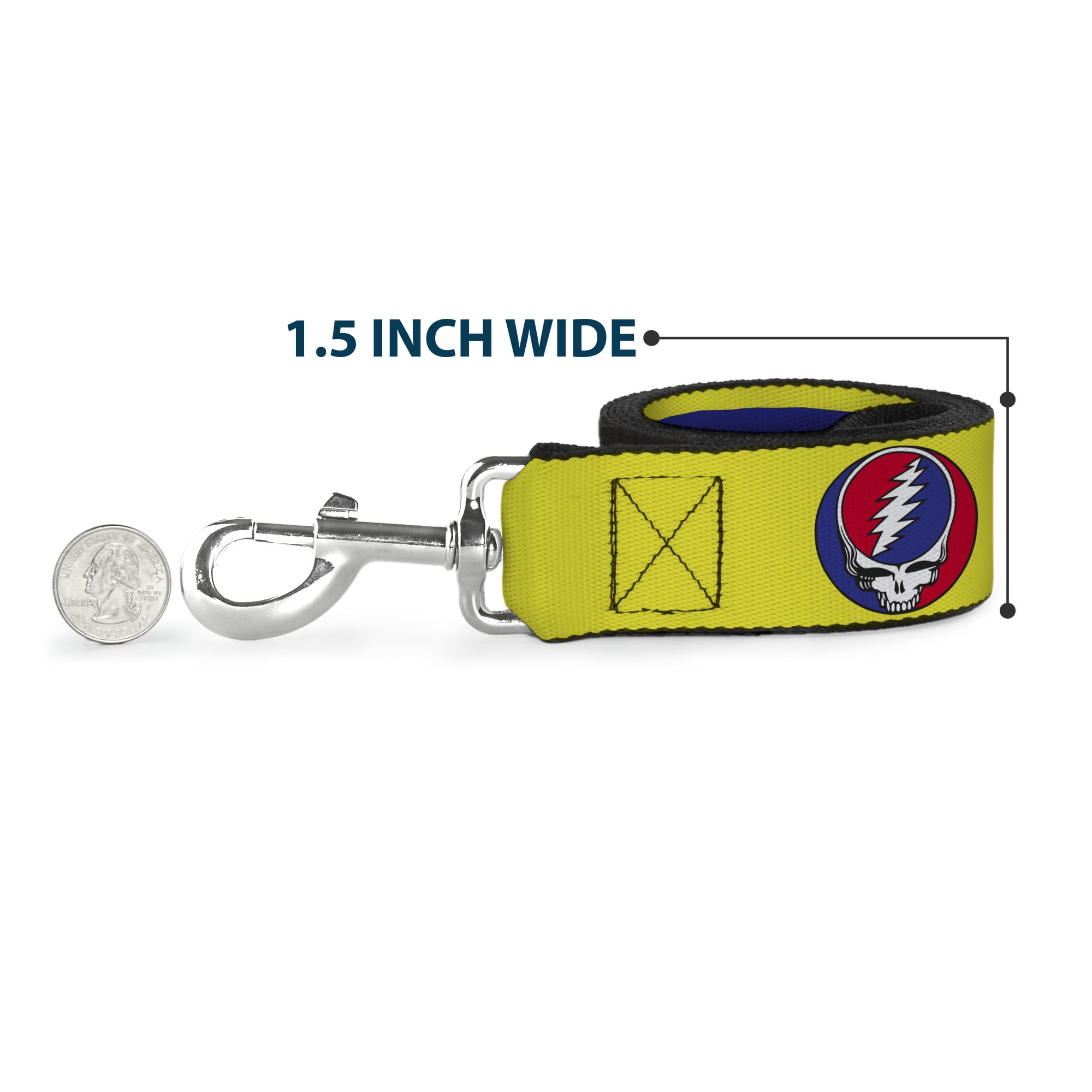 Grateful Dead Pet Leash, Dog Leash, Grateful Dead Text Box and Steal Your Face Logo Yellow/Blue, 6 Feet Long 1.0 Inch Wide
