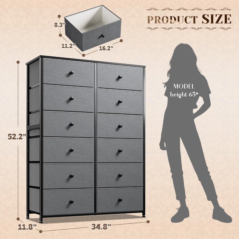 12 Drawer Dresser For Bedroom – Tall Fabric Dresser With Metal Frame, Wooden Top, Anti-Tip Design