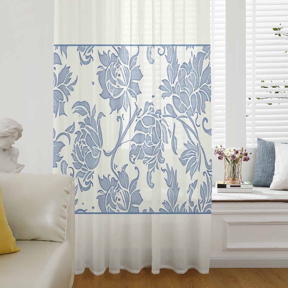 Blue Spring Floral Semi Sheer Curtains Drapes for Living Room, Bedroom, French Doors Window 96 Inches Long, Ethnic Boho Vintage Botanical Rod Pocket Chiffon Curtain Drapery Voile Draperies Panel