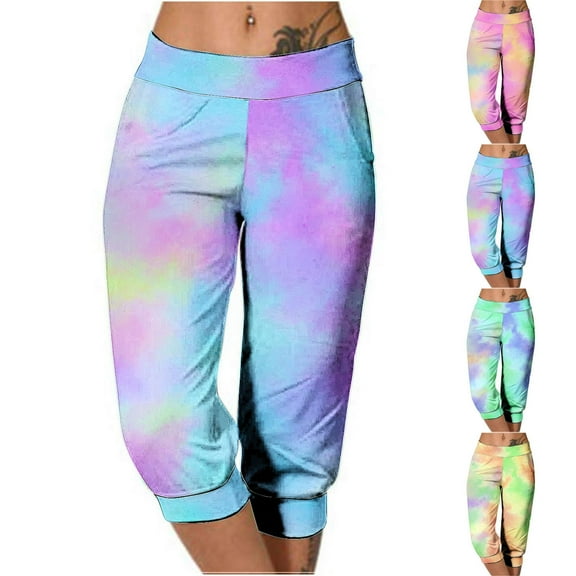 Inverlee Trendy Tie Dye Capri Pants for Women Summer Comfort Skinny Slim Trousers Trendy Casual Athletic Bottoms with Pockets