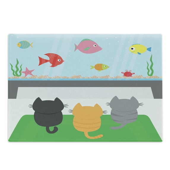 Cat Cutting Board, Cats Sitting on a Carpet and Looking at Cheerful Fishtank Cat Family of 3 Content, Decorative Tempered Glass Cutting and Serving Board, Large Size, Multicolor, by Ambesonne