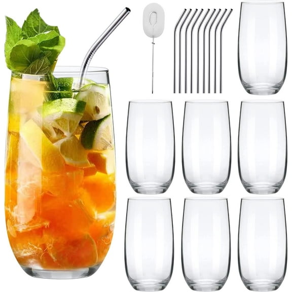 Highball Glasses Set,Tall Drinking Cups Set of 8,Clear Water Glass Tumblers with Straws,16 OZ Glassware for Kitchen,Bar,Mojito,Cocktail,Juice,Mixed Drink,Water,Beer