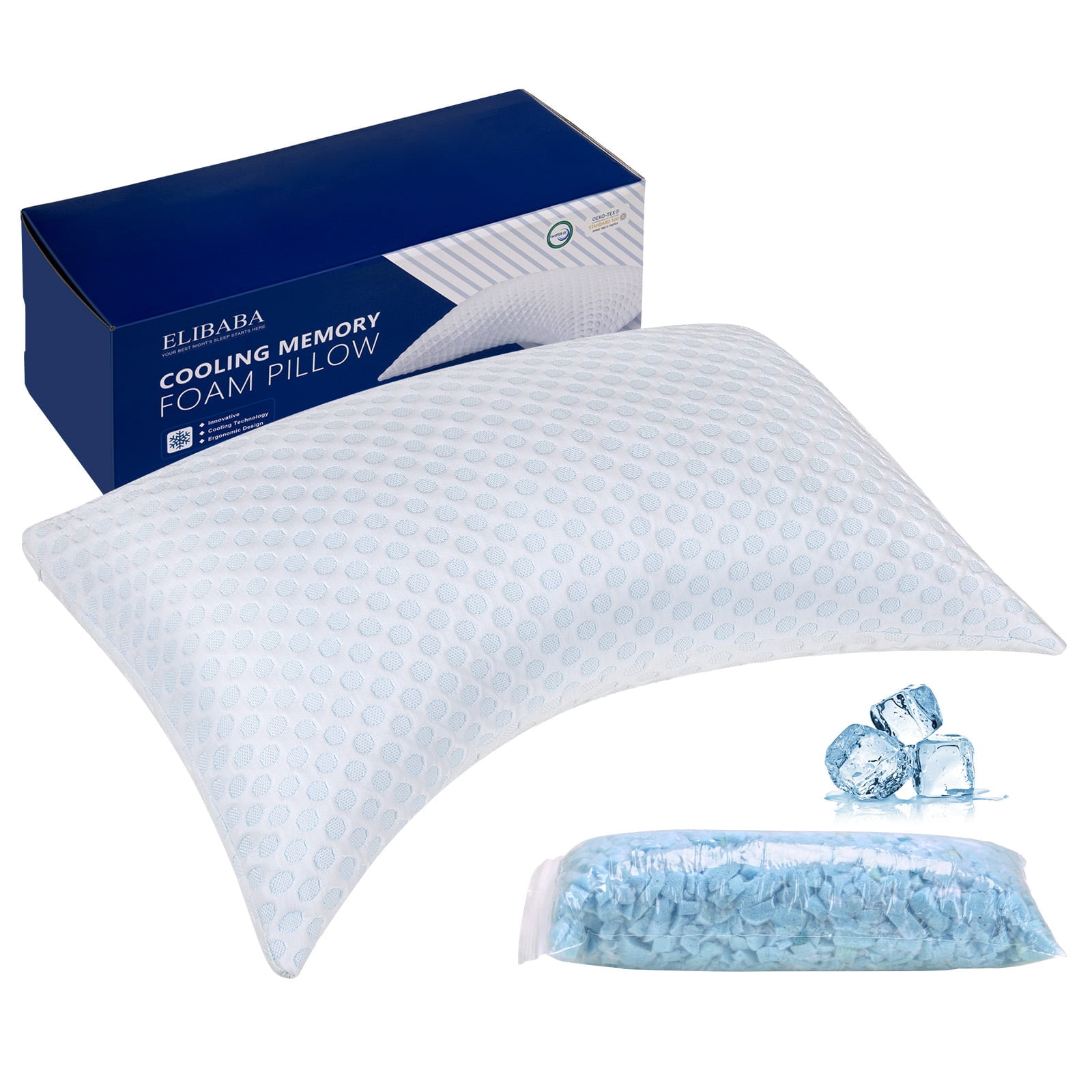 Cooling Shredded Memory Foam Bed Pillows Adjustable Firm Support Pillow for Side and Back Sleepers Luxury Curved Foam Pillows Set of 1 Pack Bed Pillows for Sleeping Queen Size 20' x 30'