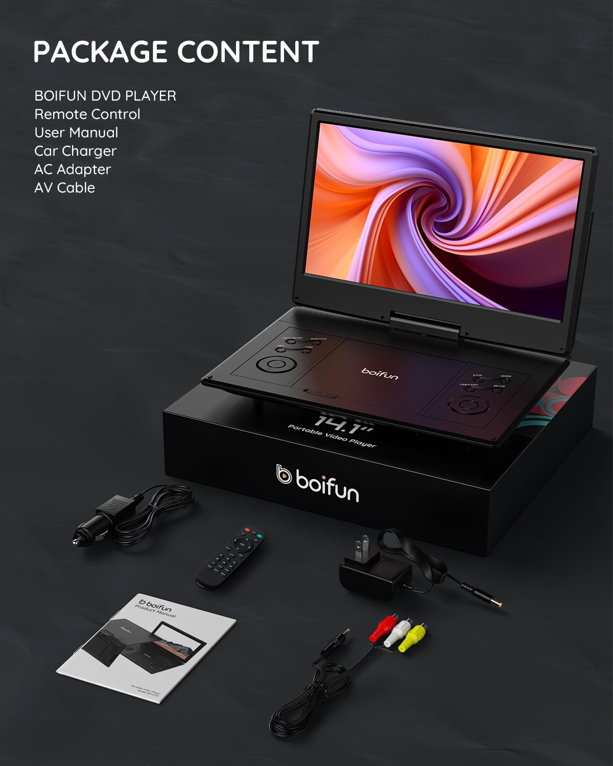 BOIFUN 17.5 Portable DVD Player Swivel Screen 6 Hour Battery USB/AV Region  Free