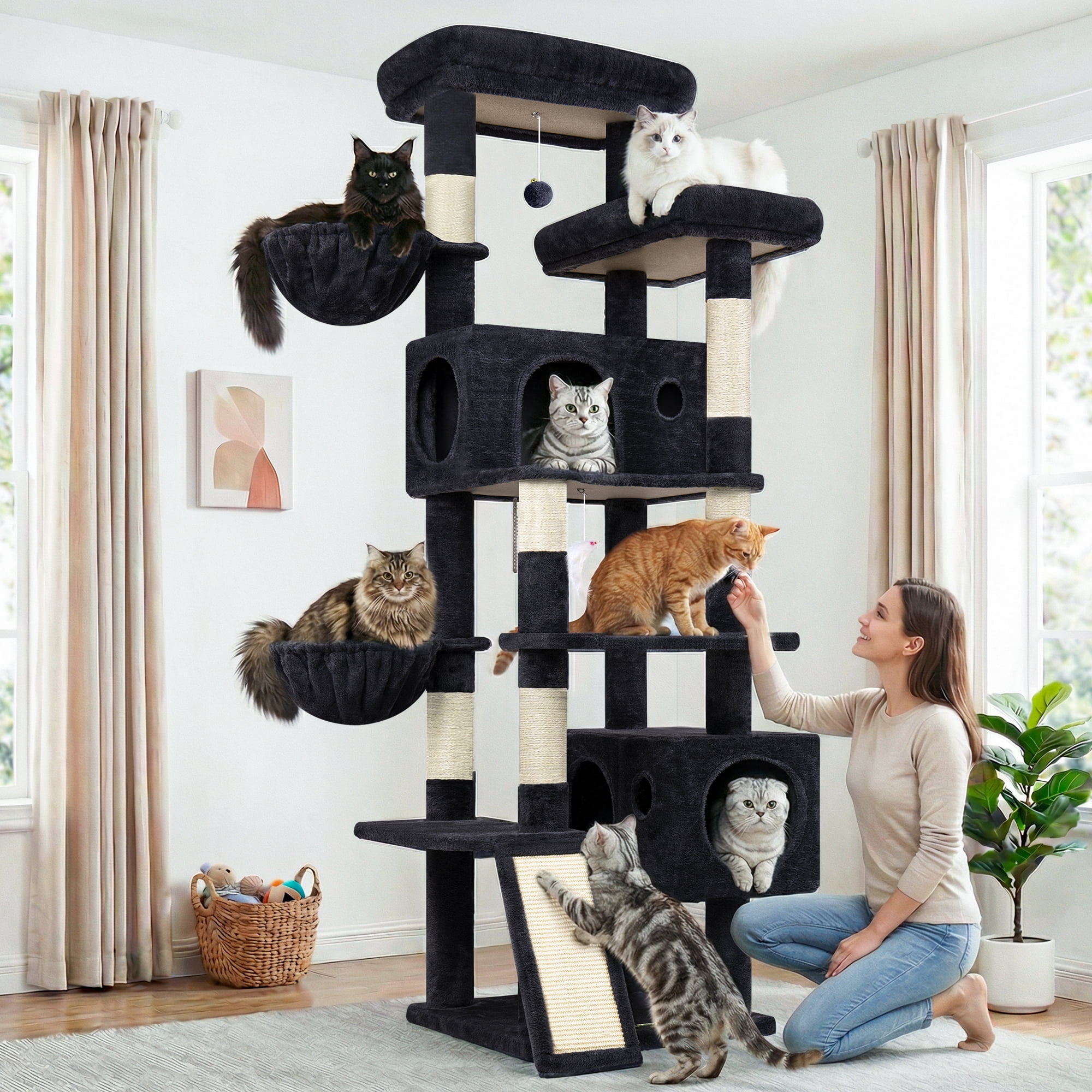Globlazer 77" Large Cat Tree and Tower Condo for Indoor Cats with Sisal Scratching Posts, Condos, Hammock & Hammock, Light Gray Dark Gray