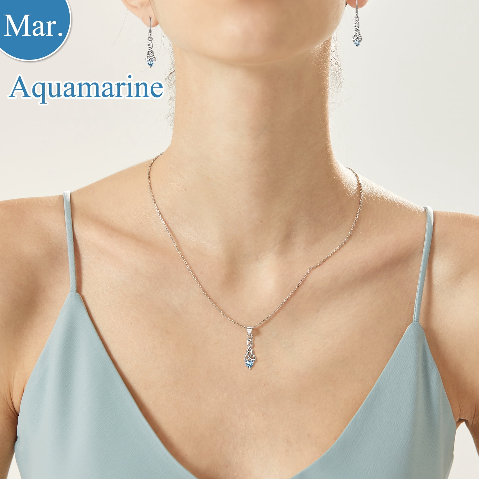 FaithHeart March Birthstone Heart Necklace for Women Celtic Knot Pendant Necklace 925 Sterling Silver Mother Daughter Christmas Birthday Jewelry Gift
