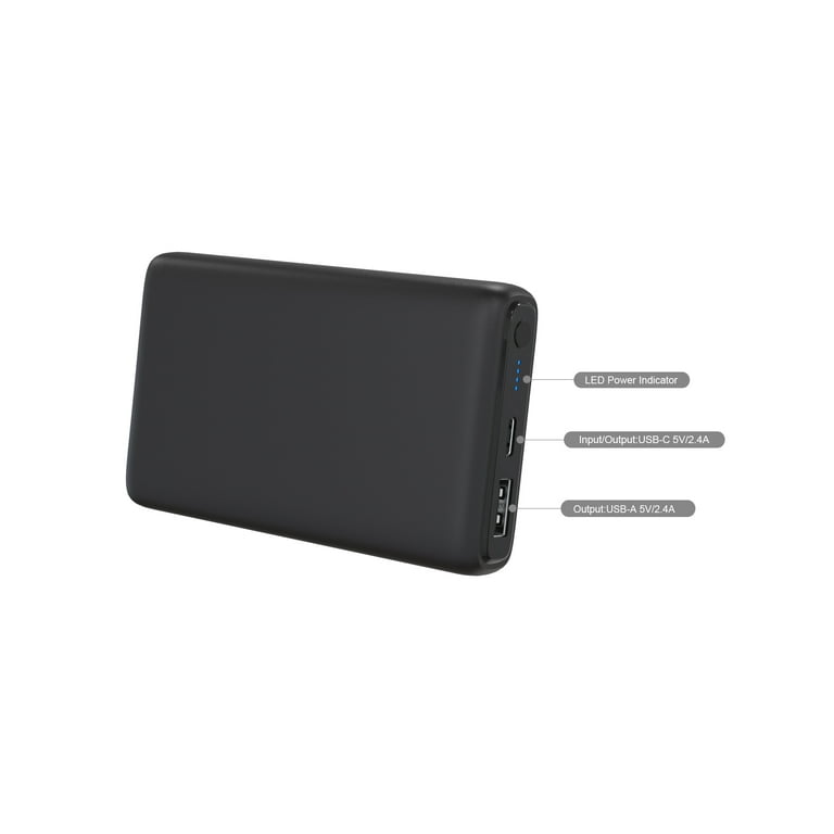 onn. 8000mAh Portable Battery, Power Bank with USB A to C Charging Cable, LED Indicator, Black