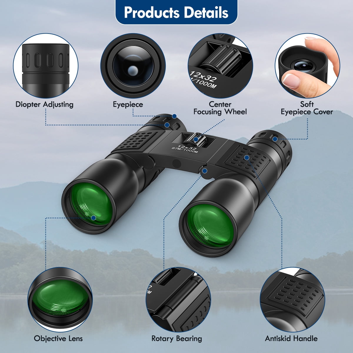 LAKWAR 12x32 Binoculars for Adults and Kids-High Powered Compact Binoculars Small Lightweight Binoculars for Bird Watching Travel Sightseeing Hunting Wildlife Watching Outdoor Sports Games Concerts