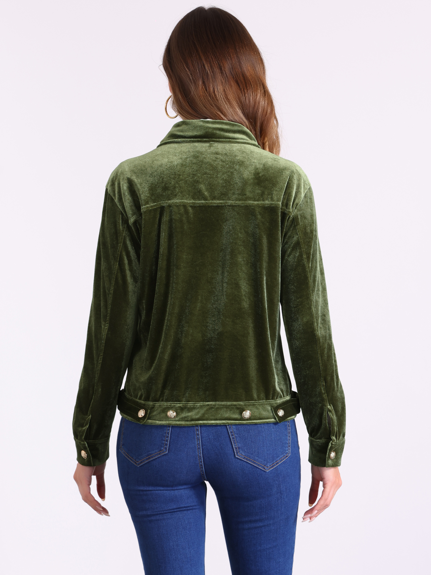 DARING DIVA Stylish Velvet Button-Up Long Sleeve Jacket S Army Green
