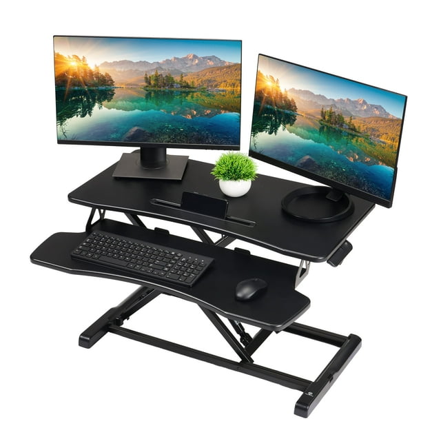 TechOrbits Standing Desk Converter-32-inch Height Adjustable, MDF Wood, Sit Riser-Black, 32"