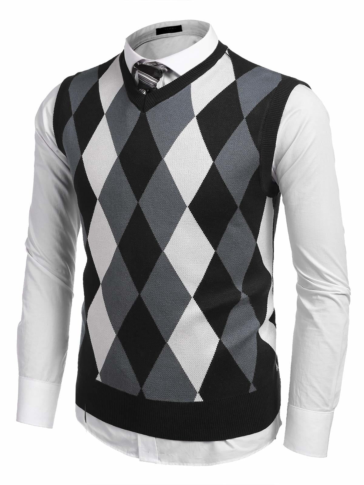 COOFANDY Mens Casual Slim Fit V-Neck Rhombus Business Knitwear Sweater Vest,XX-Large,Black