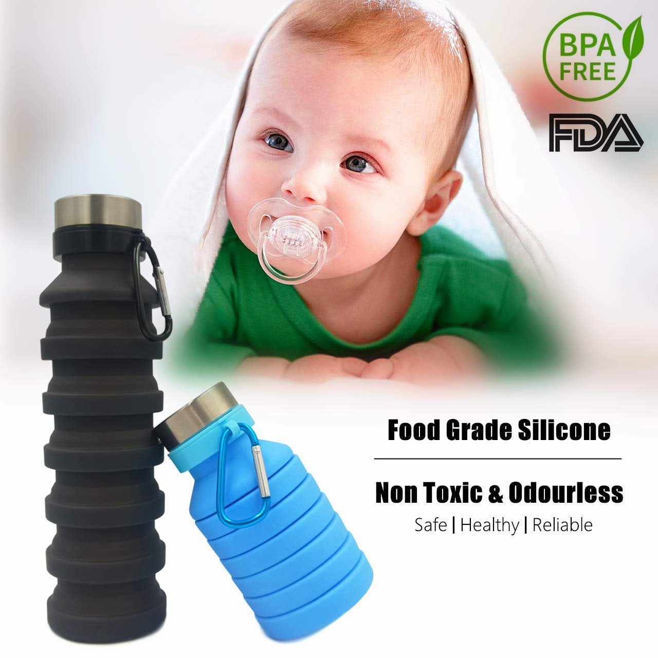 CNKOO Collapsible Water Bottle, Reuseable BPA Free Silicone Foldable Water Bottles for Travel Gym Camping Hiking, Portable Leak Proof Sports Water Bottle with Carabiner, 18oz Green