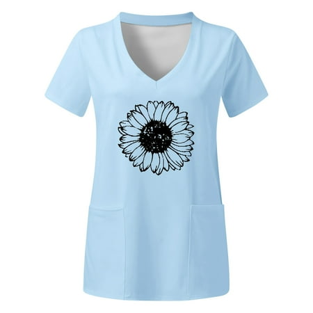 

Women Scrubs Top Working Uniform Nurses Clothing Workwear Plus Size Top V-Neck Leisure Short Sleeve Summer Pockets Flower Prints T-Shirt