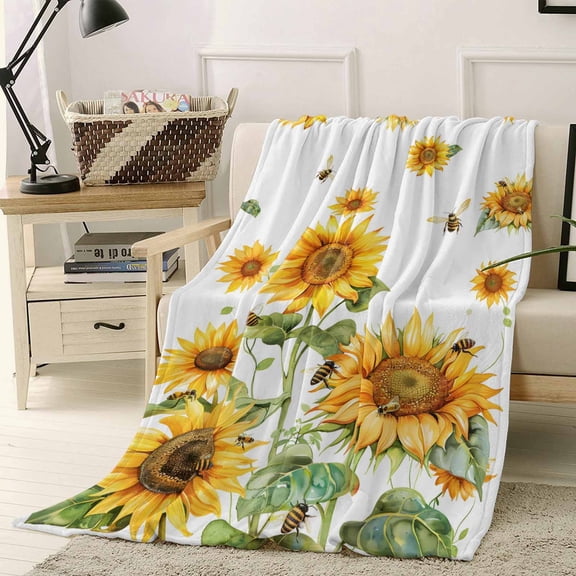 Fleece Blanket Farm Sunflower Watercolor Blankets, Soft Cozy Warm Flannel Throw Blanket, Green Leaves Plant Blanket for Bed Couch Sofa,40x50In